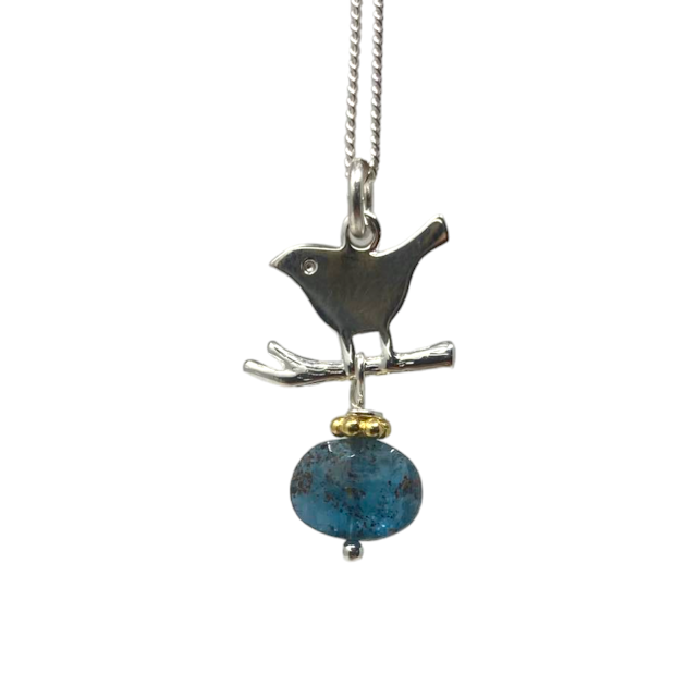 PENDENTIF OISEAU EN ARGENT PIERRES KYANITE/PIERRE DE SOLEIL HOWLING DOG