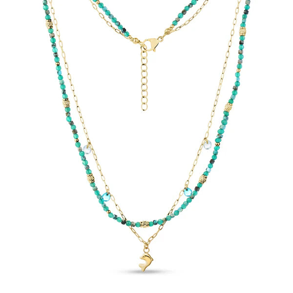 Collier estival avec perles turquoise et pendentif dauphin en acier inoxydable doré - ARZ Steel