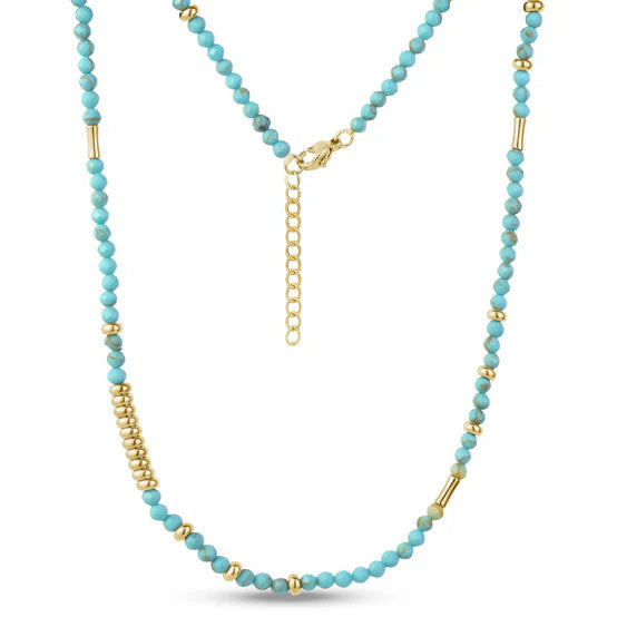 Collier élégant en acier inoxydable or avec perles turquoise facettées et détails dorés - ARZ Steel