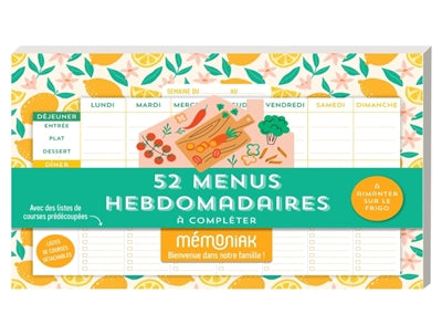 BLOC AIMANTE DE 52 MENUS HEBDOMADAIRES A COMPLETER MEMONIAK