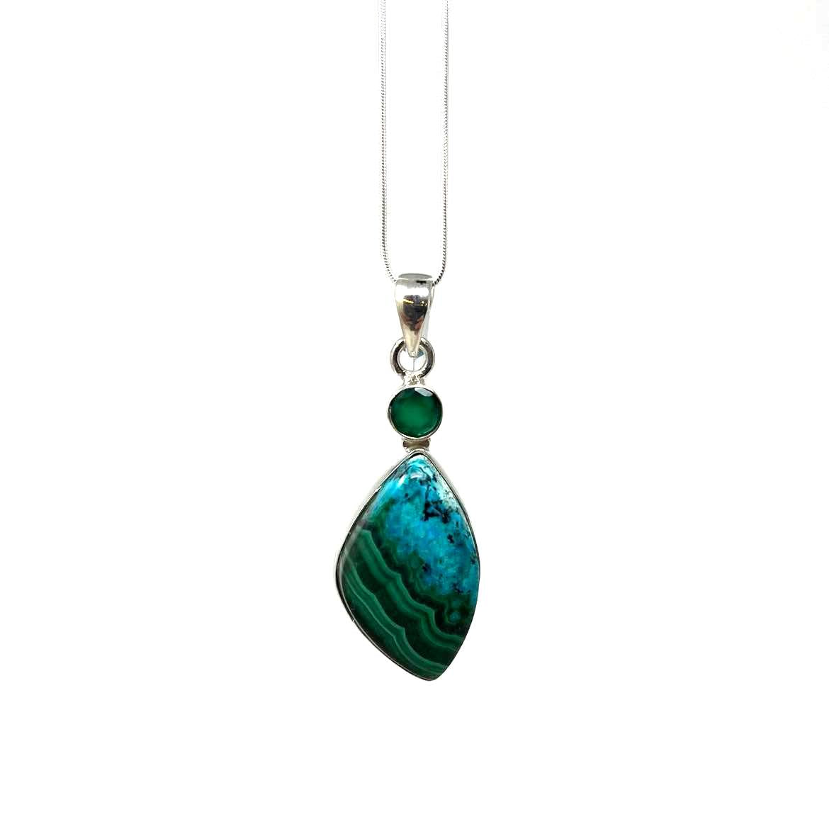 PENDENTIF MALACOLLA (MALACHITE ET CHRYSOCOLLE) MONTÉ SUR ARGENT