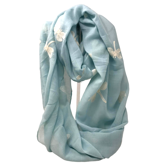 FOULARD TUBE LIBELLULE BRODE COTON ET POLYESTER BLEU