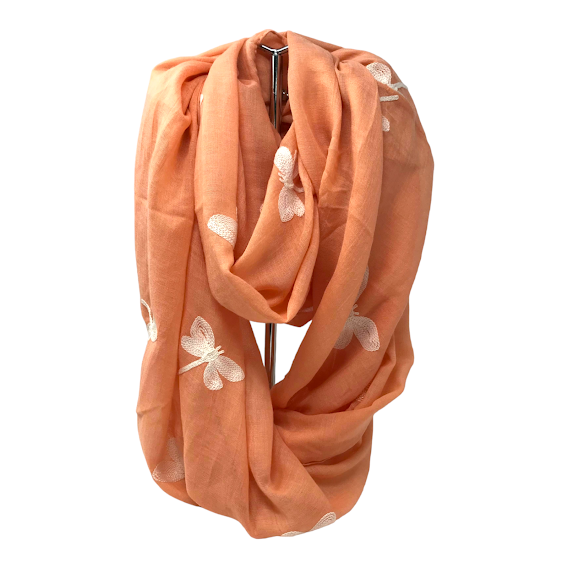 FOULARD TUBE LIBELLULE BRODE COTON ET POLYESTER PÊCHE 