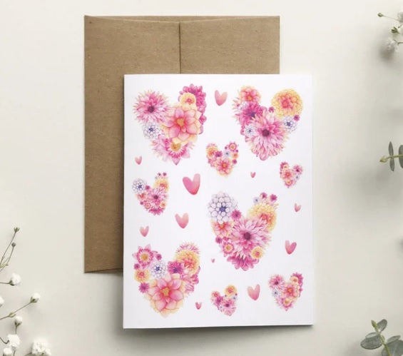 CARTE DE SOUHAITS COEURS AVEC FLEURS - KATRINN PELLETIER